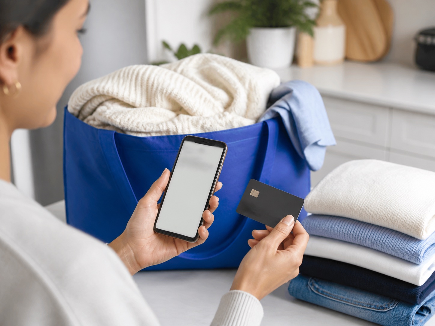 A customer reviewing a laundry order with a phone and payment card