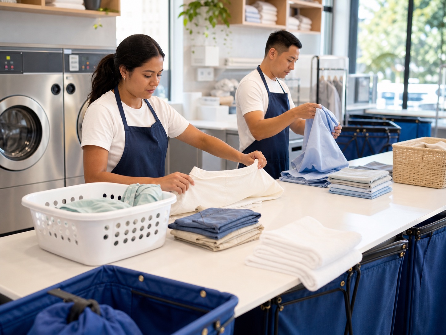 A storefront team carefully sorting and folding separate laundry orders